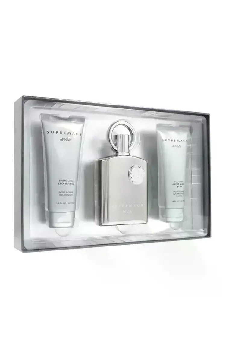 Afnan, Supremacy Silver, zestaw: woda perfumowana, 100 ml + żel pod prysznic, 100 ml + balsam po goleniu, 100 ml
