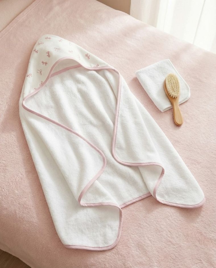 Albero Mio, Pudrowe kokardki, ręcznik bambusowy z kapturkiem, 70-120 cm