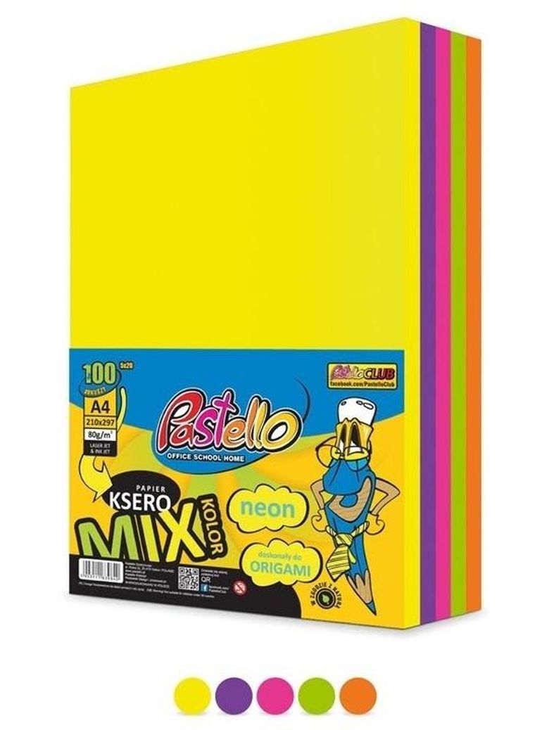 Alfa Pastello, papier ksero A4, 75g, 5 kolorów, 500 arkuszy, neon