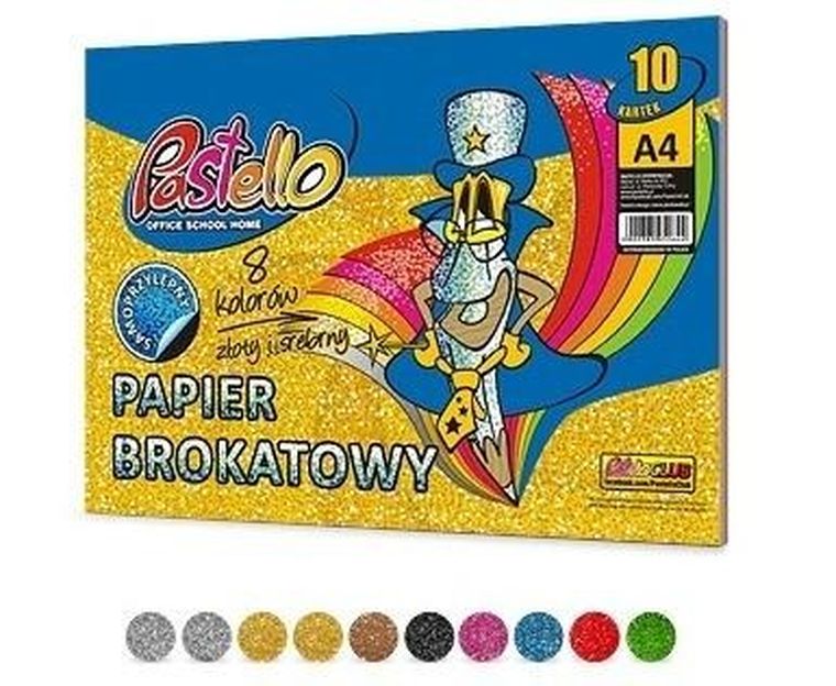 Alfa Pastello, papier samoprzylepny, brokatowy, A4, 10 kartek, 8 kolorów
