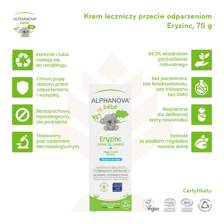 Alphanova Bebe, krem leczniczy przeciw odparzeniom Eryzinc, 75g