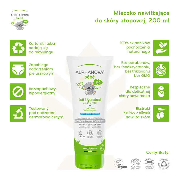Alphanova Bebe, mleczko nawilżające do skóry atopowej, 200 ml