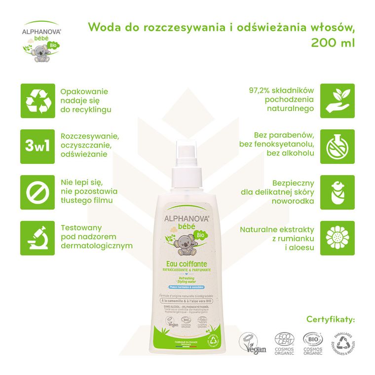 Alphanova Bebe, woda do rozczesywania i odświeżania włosów, 200 ml