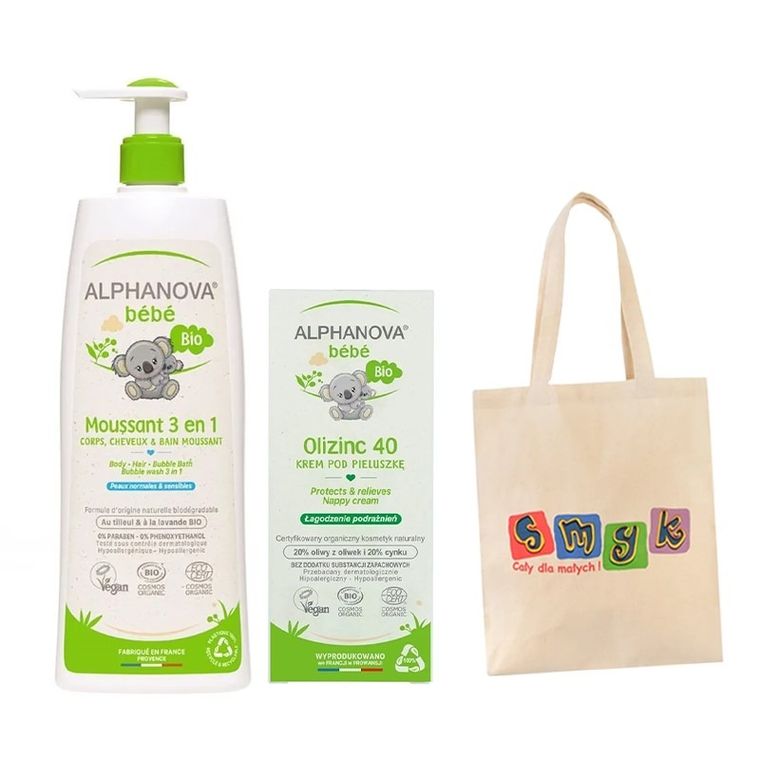Alphanova Bebe, zestaw: płyn do kąpieli, 3w1, 500 ml + Olizinc, krem przeciw odparzeniom, 50g + torba