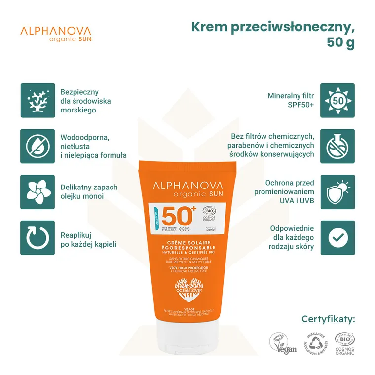 Alphanova Sun, bio krem przeciwsłoneczny, filtr SPF50+, 50 g