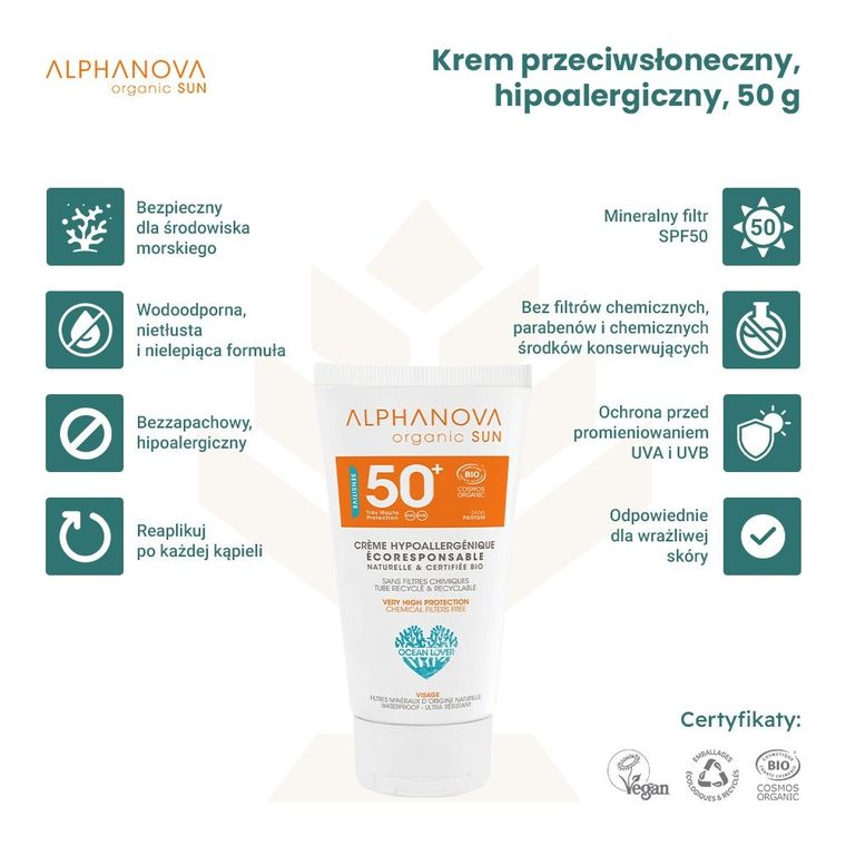 Alphanova Sun, krem przeciwsłoneczny, hipoalergiczny, wodoodporny, filtr SPF50, 50g