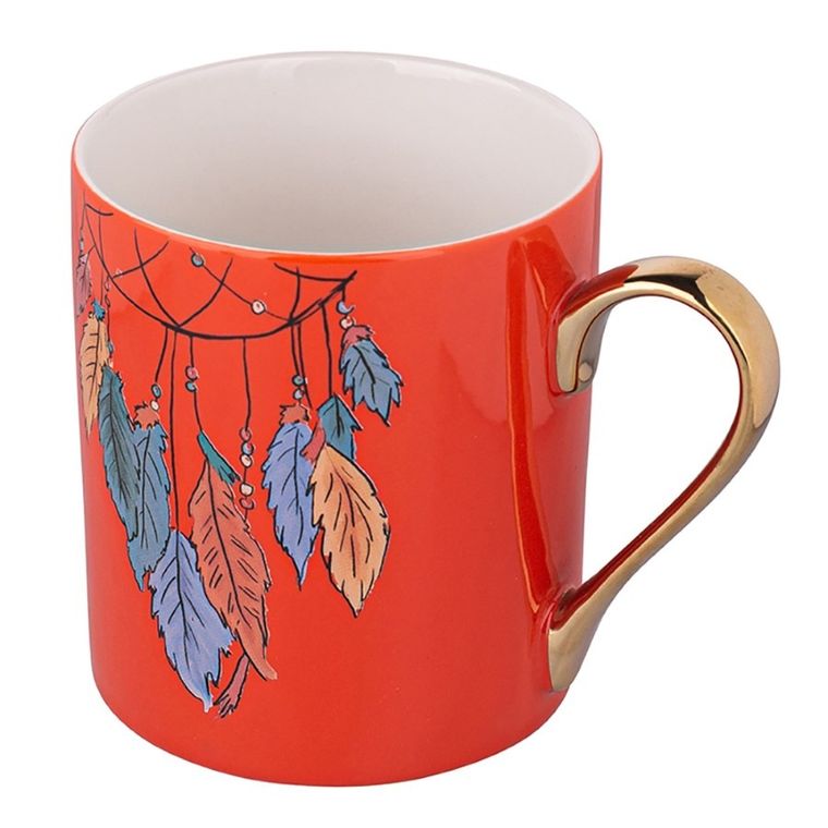 Altom Design, Exotic, kubek prosty ze złotym uchem, 300 ml, pióra, pomarańczowy