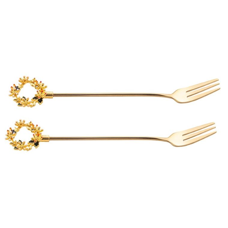 Altom Design, komplet 2 widelczyków do ciasta z ozdobną końcówką, Świąteczny Wianek, złoty
