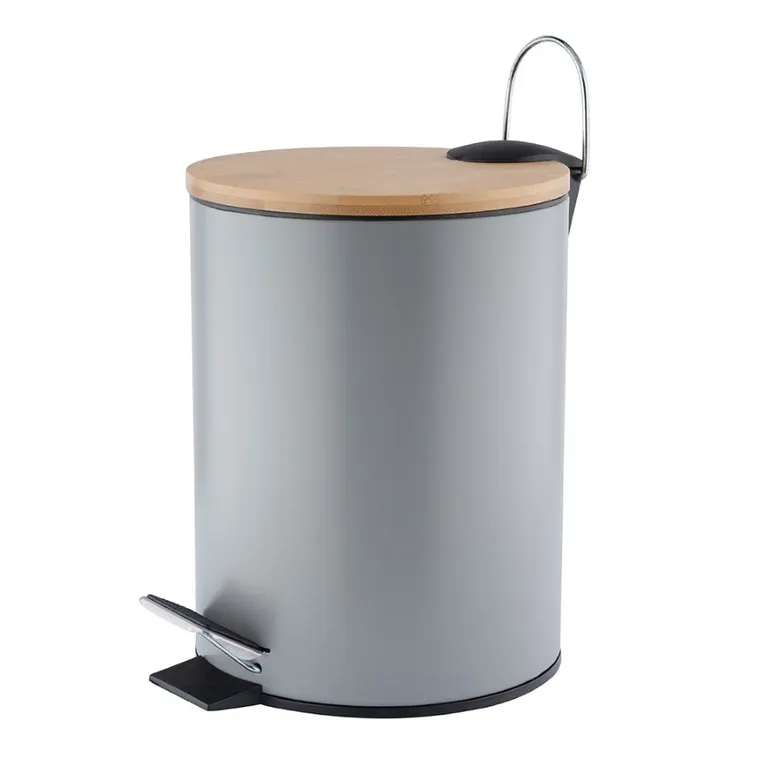 Altom Design, kosz łazienkowy z pokrywą bambusową i plastikowym wkładem, metalowy szary, 17-17-24 cm, 3l