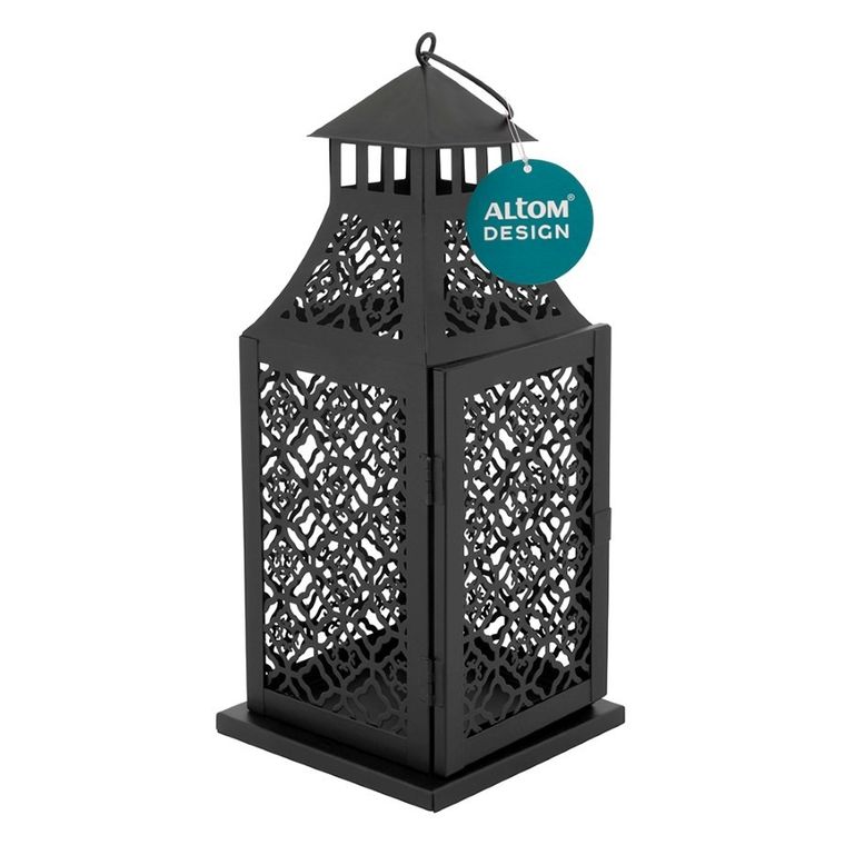 Altom Design, latarenka, metalowa, ażurowa, z drzwiczkami, czarna, 12-12-29,5 cm