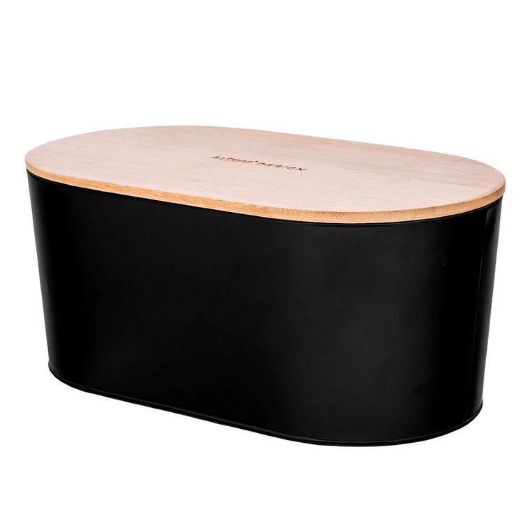 Altom Design, metalowy chlebak z pokrywą bambusową, czarny, 36-20-15 cm