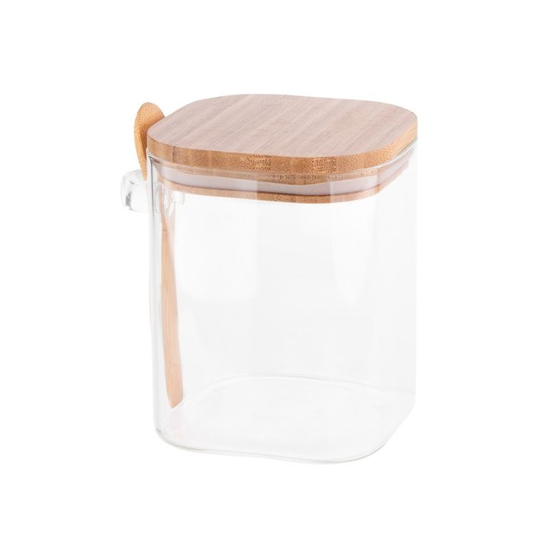 Altom Design, pojemnik kwadratowy z bambusową pokrywką i łyżeczką, borosilikat, 800 ml