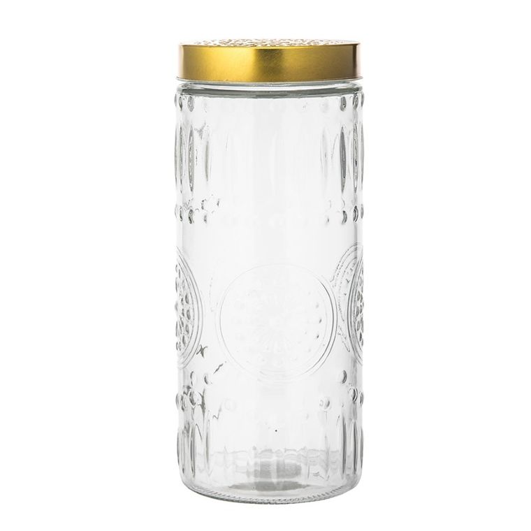 Altom Design, pojemnik szklany okrągły z pokrywką w kolorze złota, 11.5-11.5-27 cm, daisy