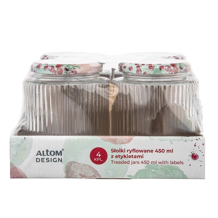 Altom Design, Spiżarnia pani domu, komplet 4 słoików, 450 ml, ryflowanych z 4 etykietami samoprzylepnymi