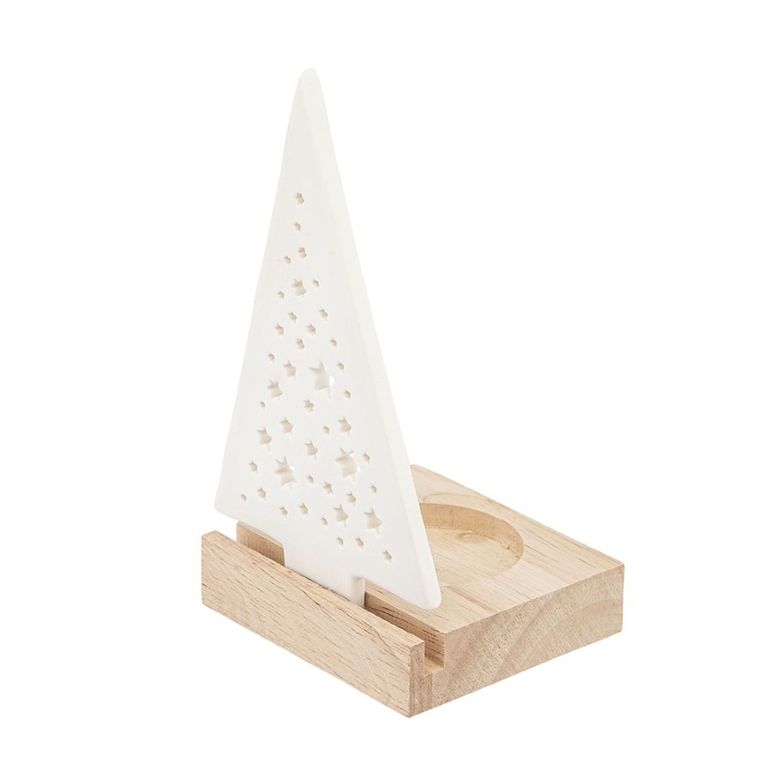 Altom Design, świecznik choinka porcelanowa z drewnianą podstawką, 7.5-7-13.5 cm