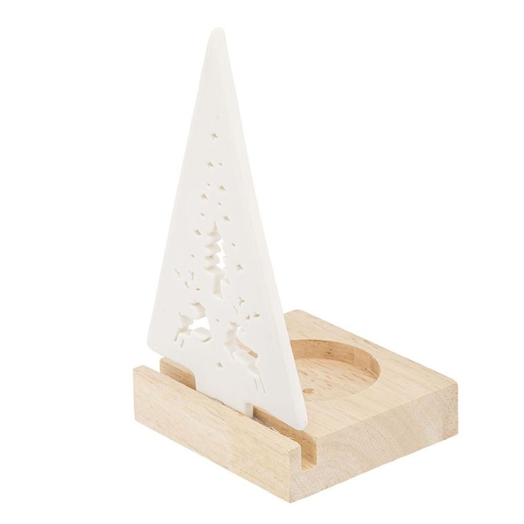 Altom Design, świecznik choinka porcelanowa z drewnianą podstawką, 7.5-7-13.5 cm