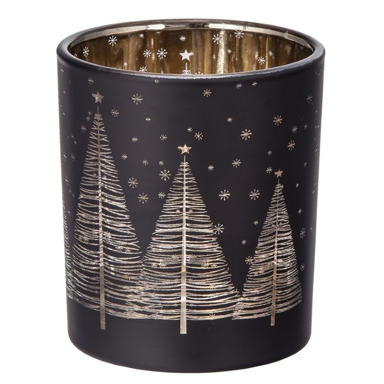 Altom Design, świecznik szklany ze złotym wnętrzem, czarny, Choinki, 7-8 cm