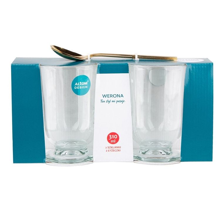 Altom Design, Werona, komplet 2 kubków na stopce, 310 ml ze złotymi łyżeczkami