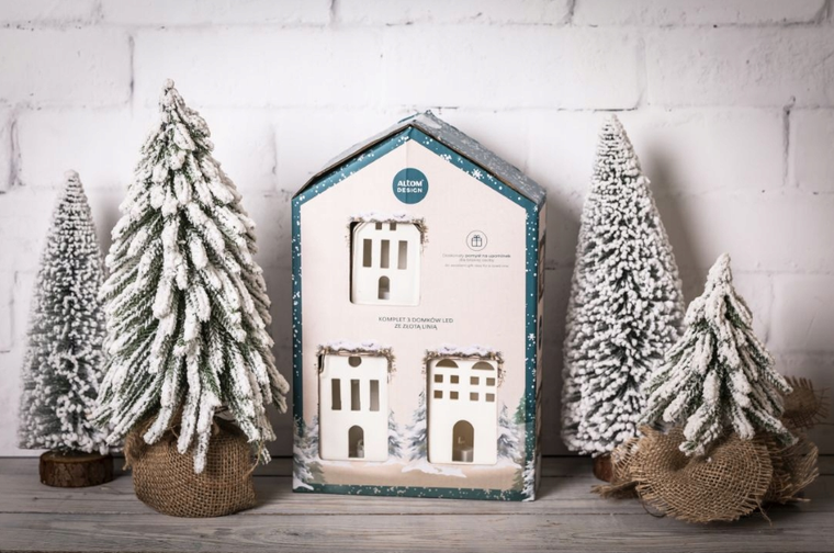 Altom Design, zestaw prezentowy: komplet domków LED ze złotą linią, 3 szt.