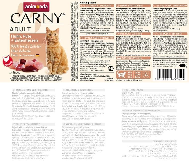 Animonda, Carny Adult, karma mokra dla kota, kurczak, indyk, kacze serca, 400g