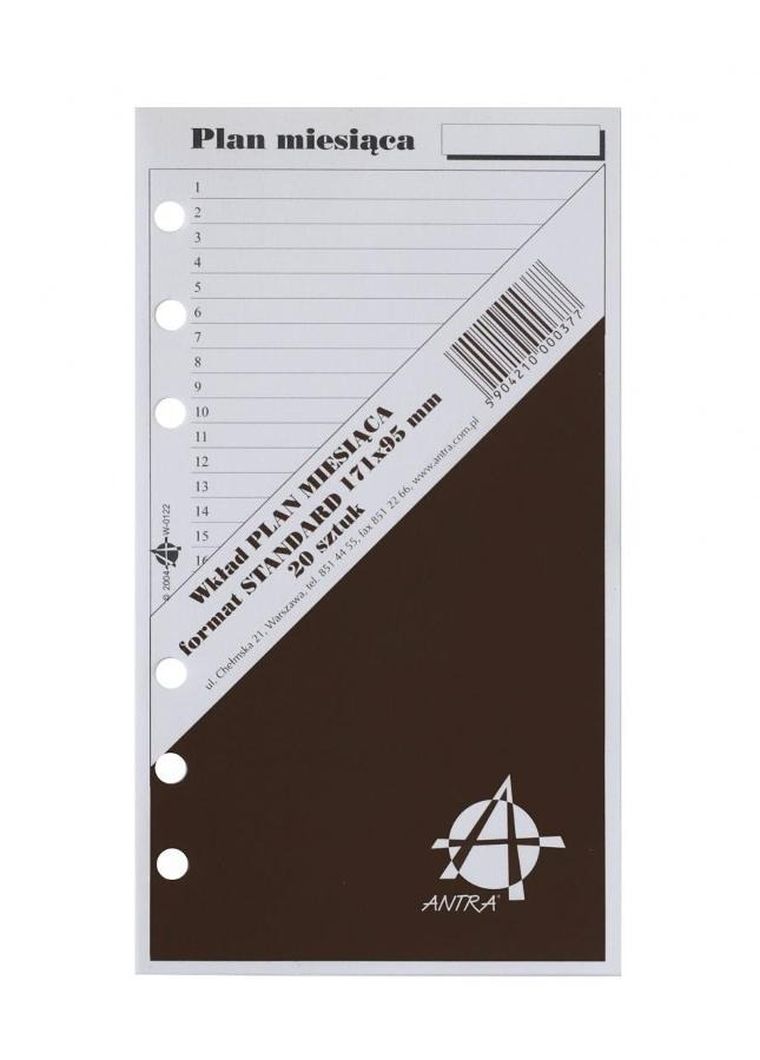 Antra, wkład do organizera, strona, Plan miesiąca