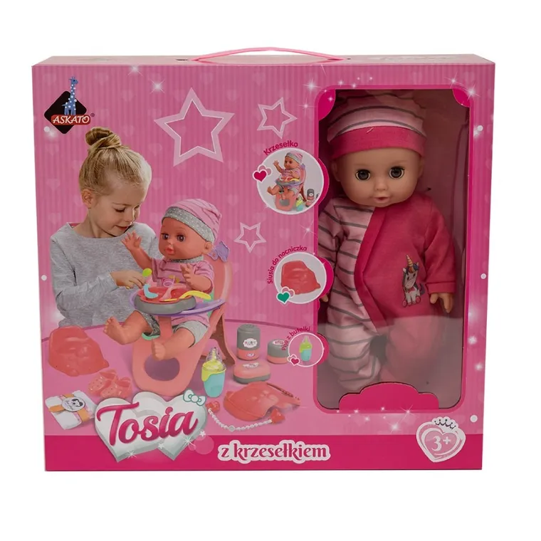 Askato, lalka z krzesełkiem do karmienia, różowe ubranko