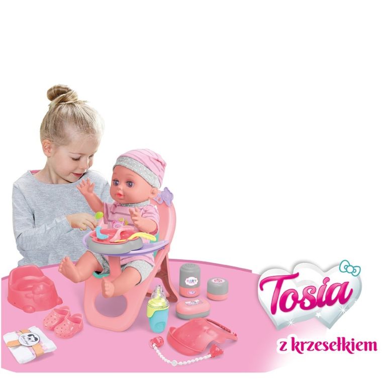 Askato, lalka z krzesełkiem do karmienia, szaro-różowe ubranko