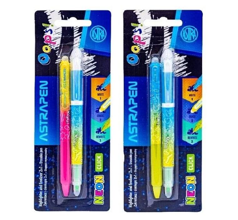 Astra, Astrapen, zakreślacz z długopisem wymazywalnym, 2w1, Neon