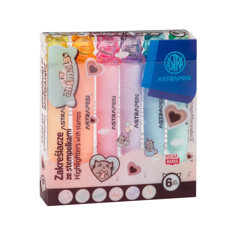 Astra, Astrapen, zakreślacze ze stempelkami, animals choco, 6 kolorów