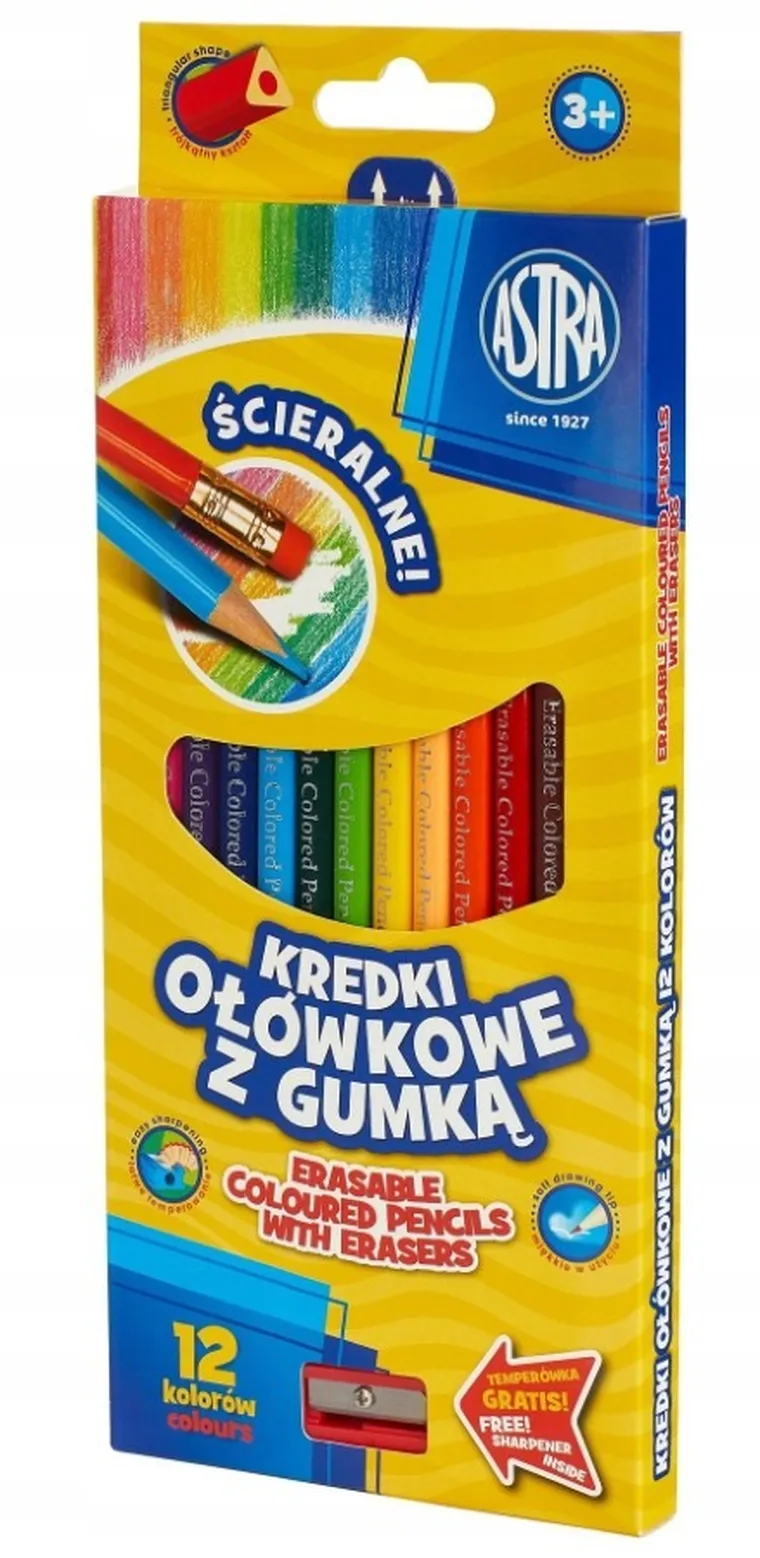 Astra, kredki ołówkowe z gumką i temperówką, 12 kolorów