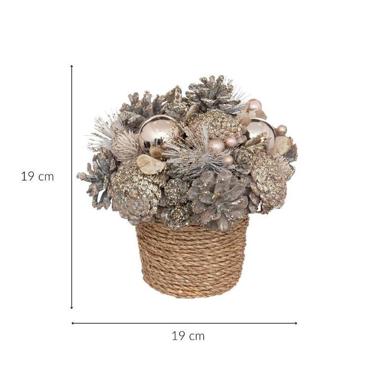 Atmosphera, kompozycja z szyszek i bombek, w plecionej doniczce, 19 cm