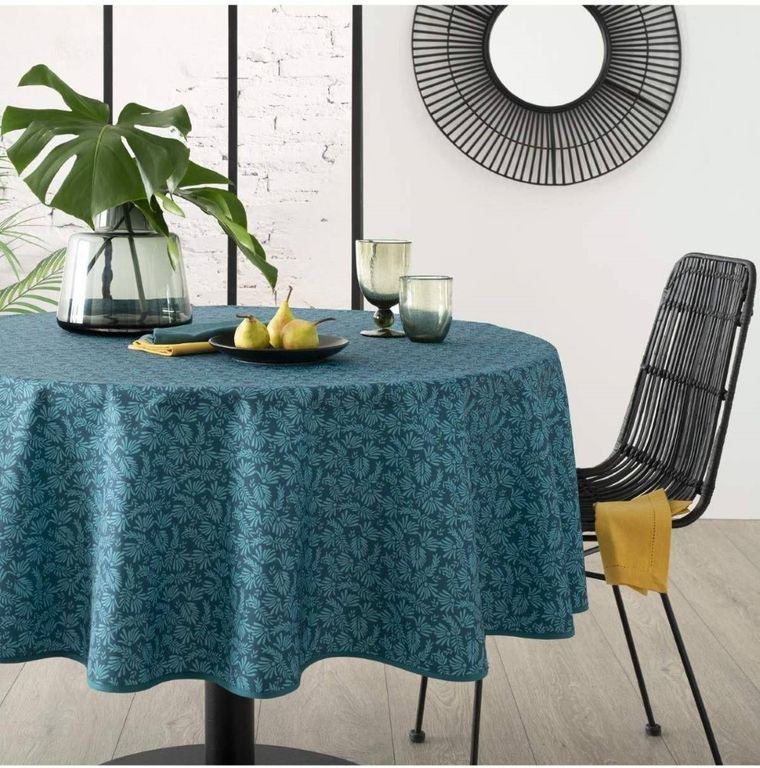 Atmosphera, obrus na stół okrągły, Ø 180 cm, morski z nadrukiem liści