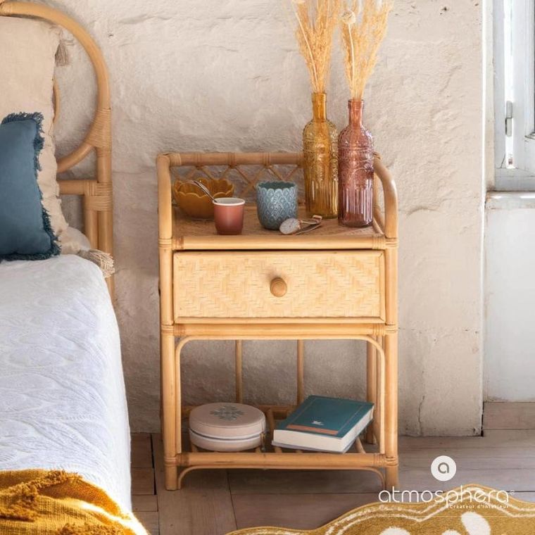 Atmosphera, stolik rattanowy do sypialni, Aoni, z szufladą i półką