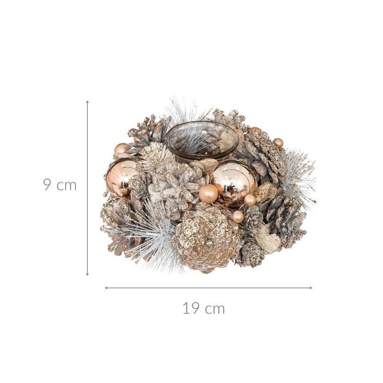 Atmosphera, świecznik z szyszek i bombek, złoty