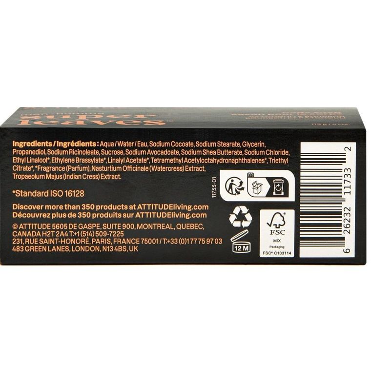 Attitude, Super Leaves, Mydło w kostce do ciała, Paczul i bourbon, 113 g