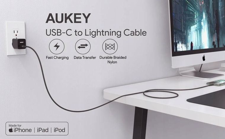 Aukey, nylonowy kabel USB C - Lightning, 2 m