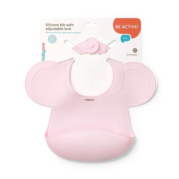 BabyOno, silikonowy śliniak z regulowanym zapięciem, różowy