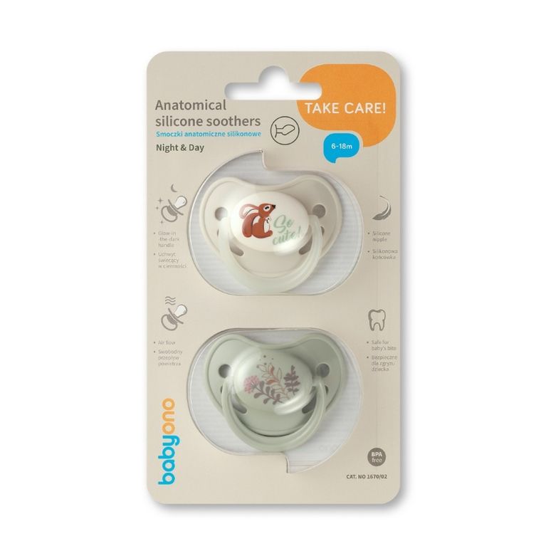 BabyOno, smoczki anatomiczne, silikonowe, 6-18 m