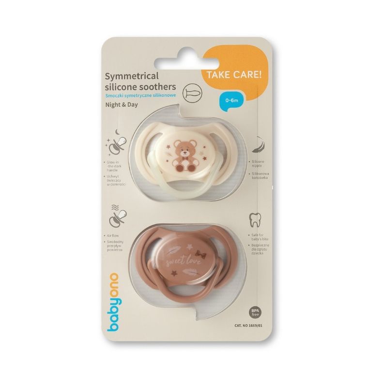 BabyOno, smoczki symetryczne, silikonowe, 0-6 m