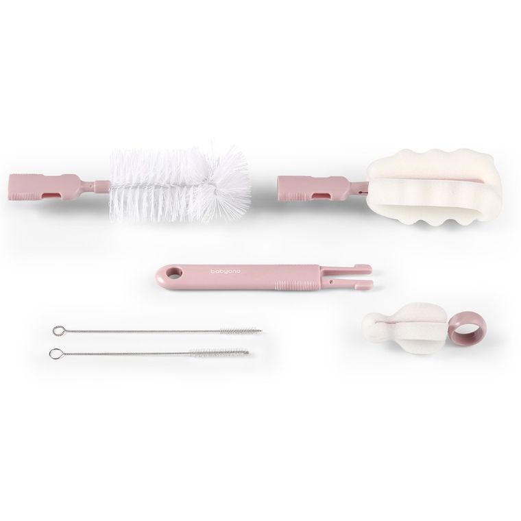 BabyOno, szczotki do butelek i smoczków z wymienną rączką, różowe