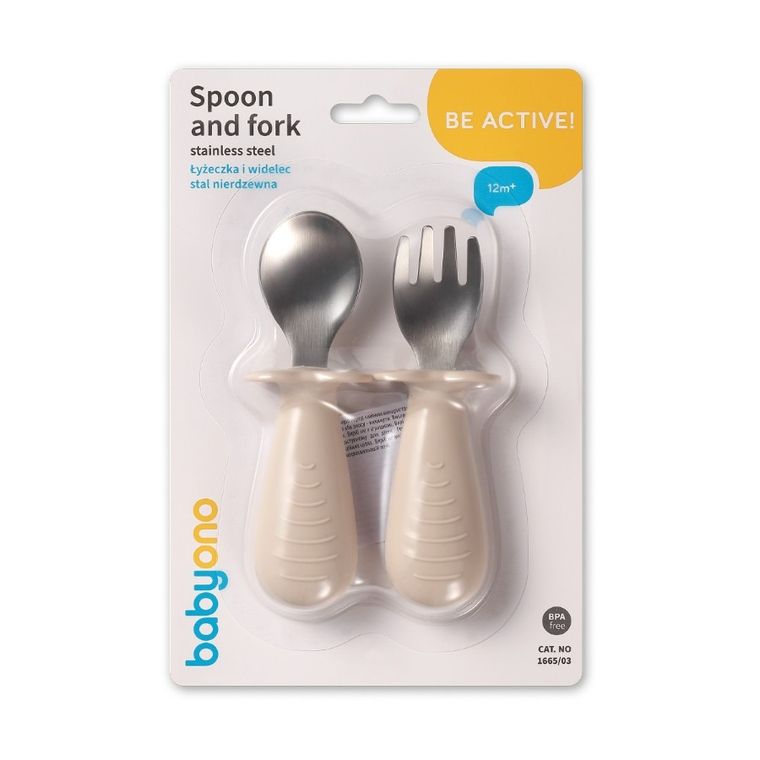BabyOno, sztućce dla dzieci, stal nierdzewna, beżowy