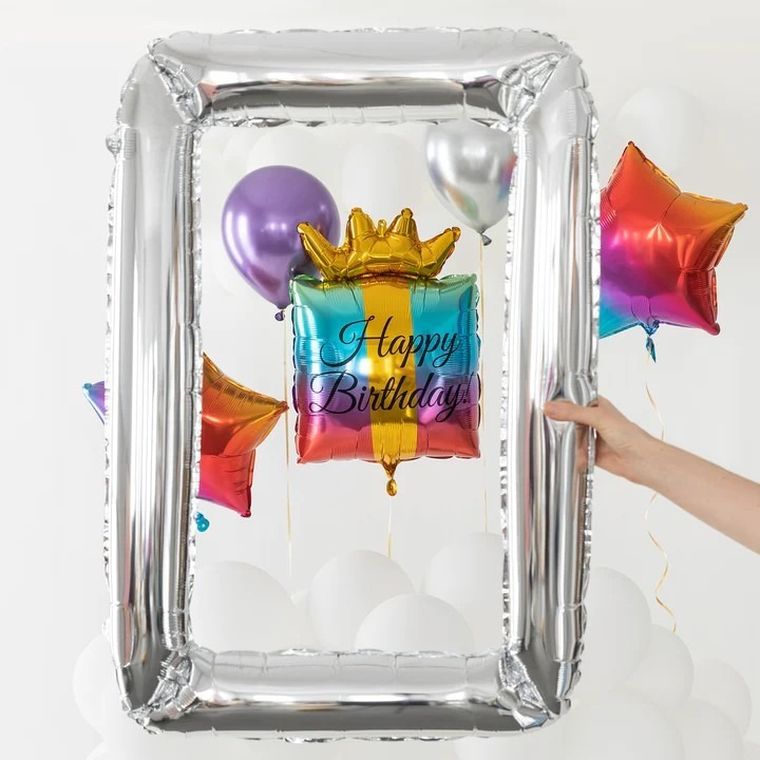Balon foliowy, ramka srebrna, fotobudka, 87-72 cm