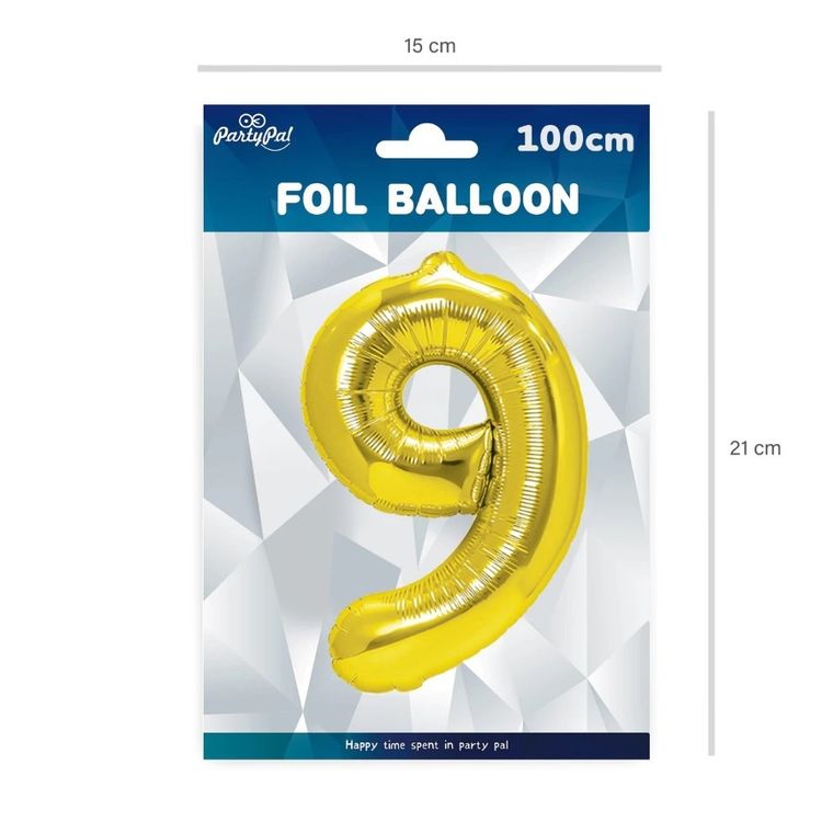 Balon foliowy, w kształcie cyfry 9, złoty, 100 cm
