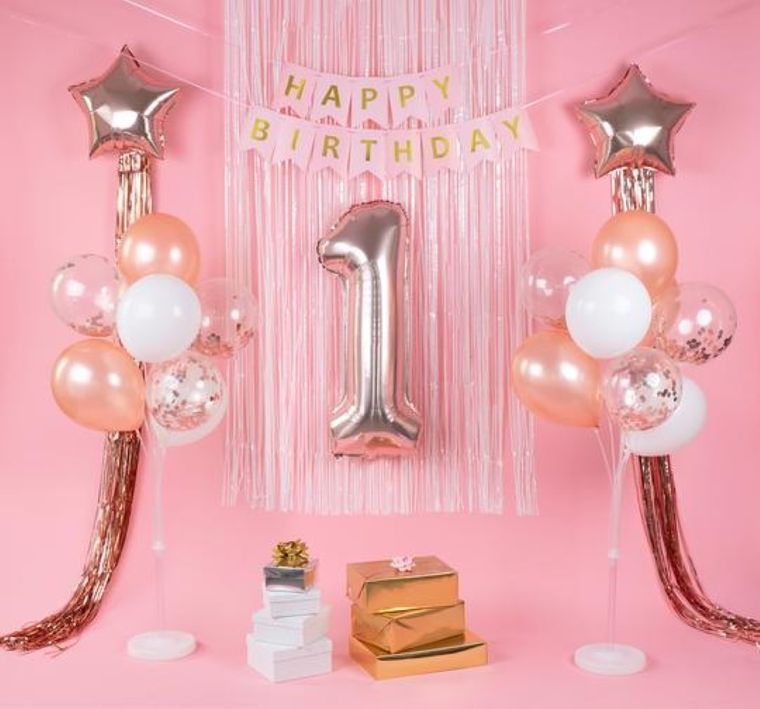 Balony foliowe, roczek, cyfra 1, gwiazdki, różowe, 19 szt.