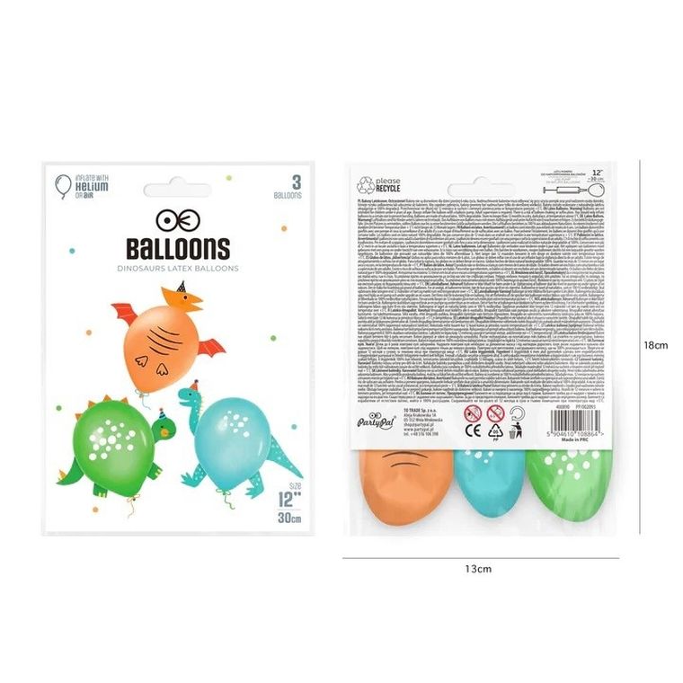 Balony lateksowe z dodatkami, dinozaury, 30 cm, 3 szt.