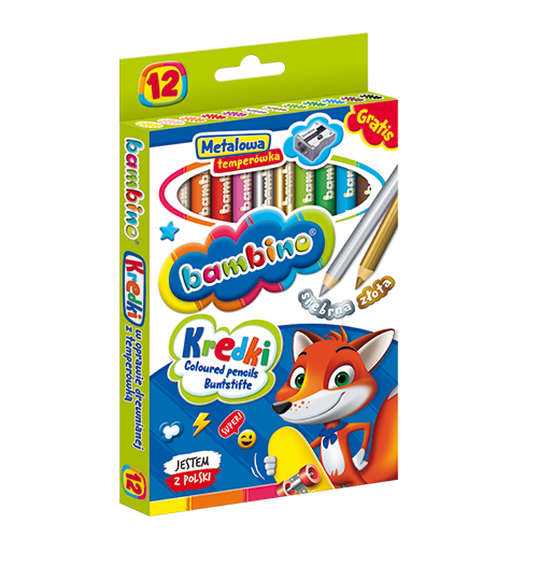 Bambino, kredki drewniane, temperówka, 12 kolorów
