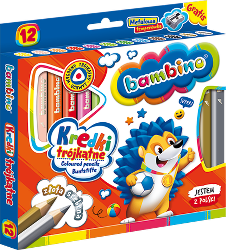 Bambino, kredki trójkątne z temperówką, 12 kolorów
