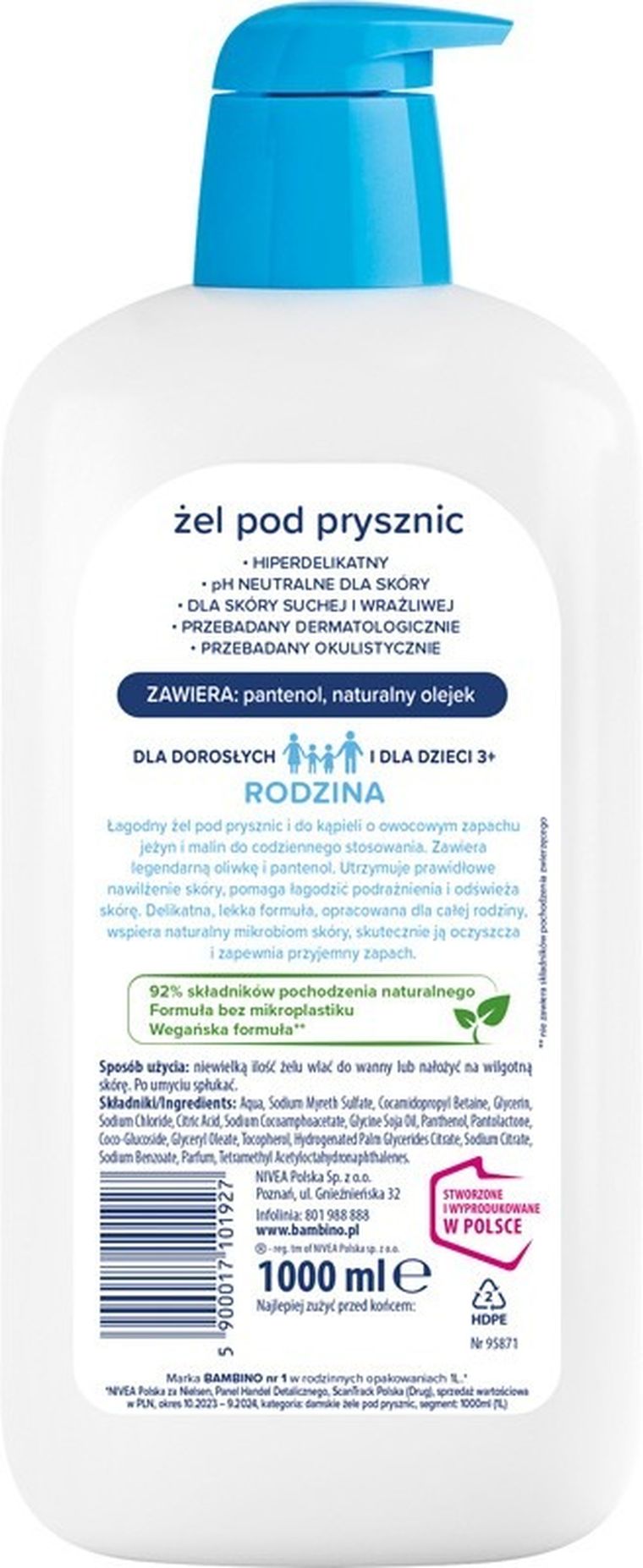 Bambino, Rodzina, żel pod prysznic hiperdelikatny, Jeżyna i Malina, 1000 ml