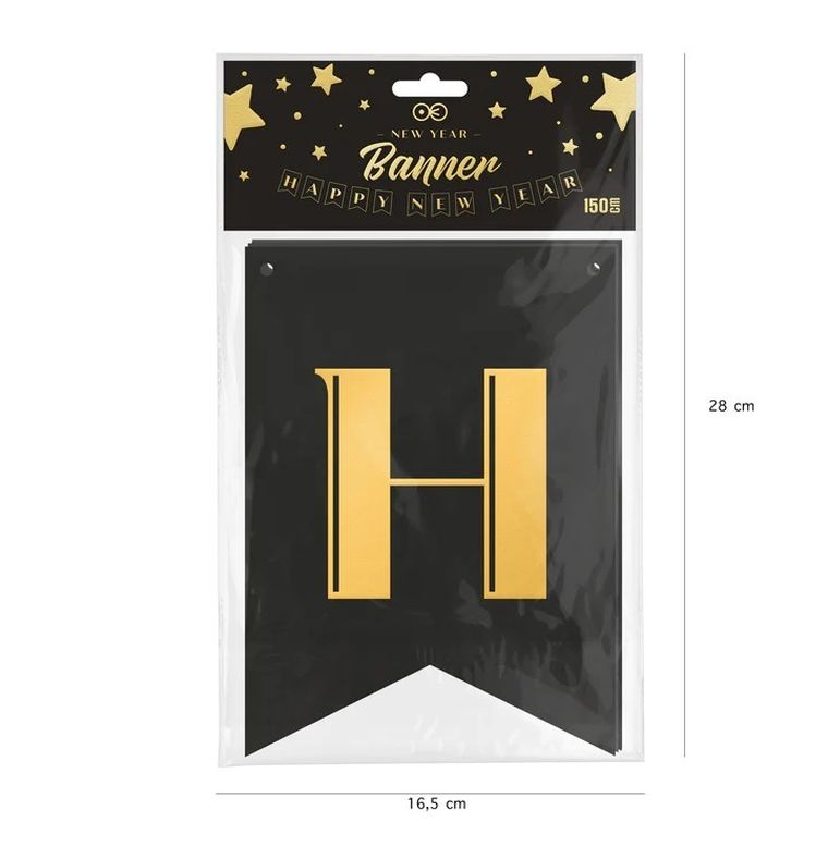 Baner Happy New Year, girlanda papierowa, czarna, 220 cm