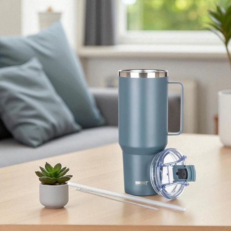 Banquet, Twain, stalowy kubek termiczny, termos z rączką i słomką, szary, 1200 ml